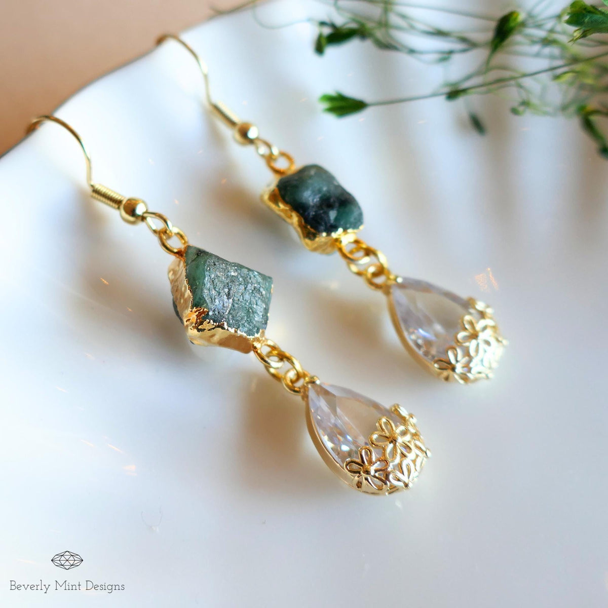 Raw Emerald Earrings, Green Drop Earrings, Gold Dangle Earrings, Natural Crystal Jewelry, Sensitive Ear & Clip-On Options