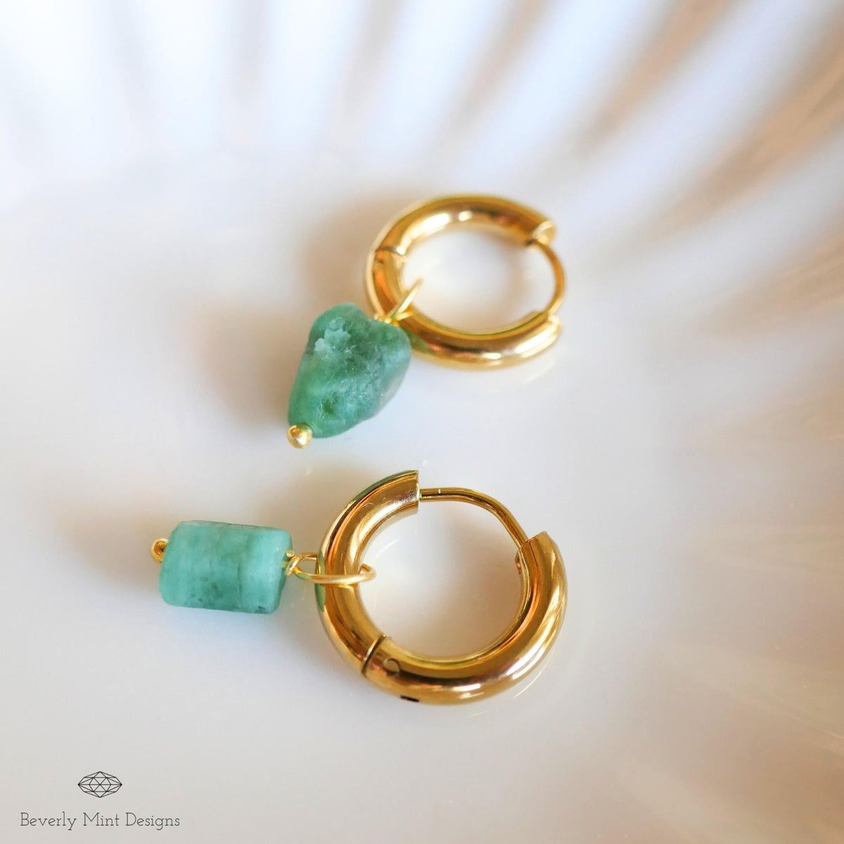 Raw Emerald Earrings, Green Raw Stone Earrings, 18K Gold Huggie Hoop Earrings with May Birthstone