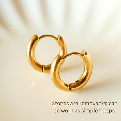 Raw Emerald Earrings, Green Raw Stone Earrings, 18K Gold Huggie Hoop Earrings with May Birthstone