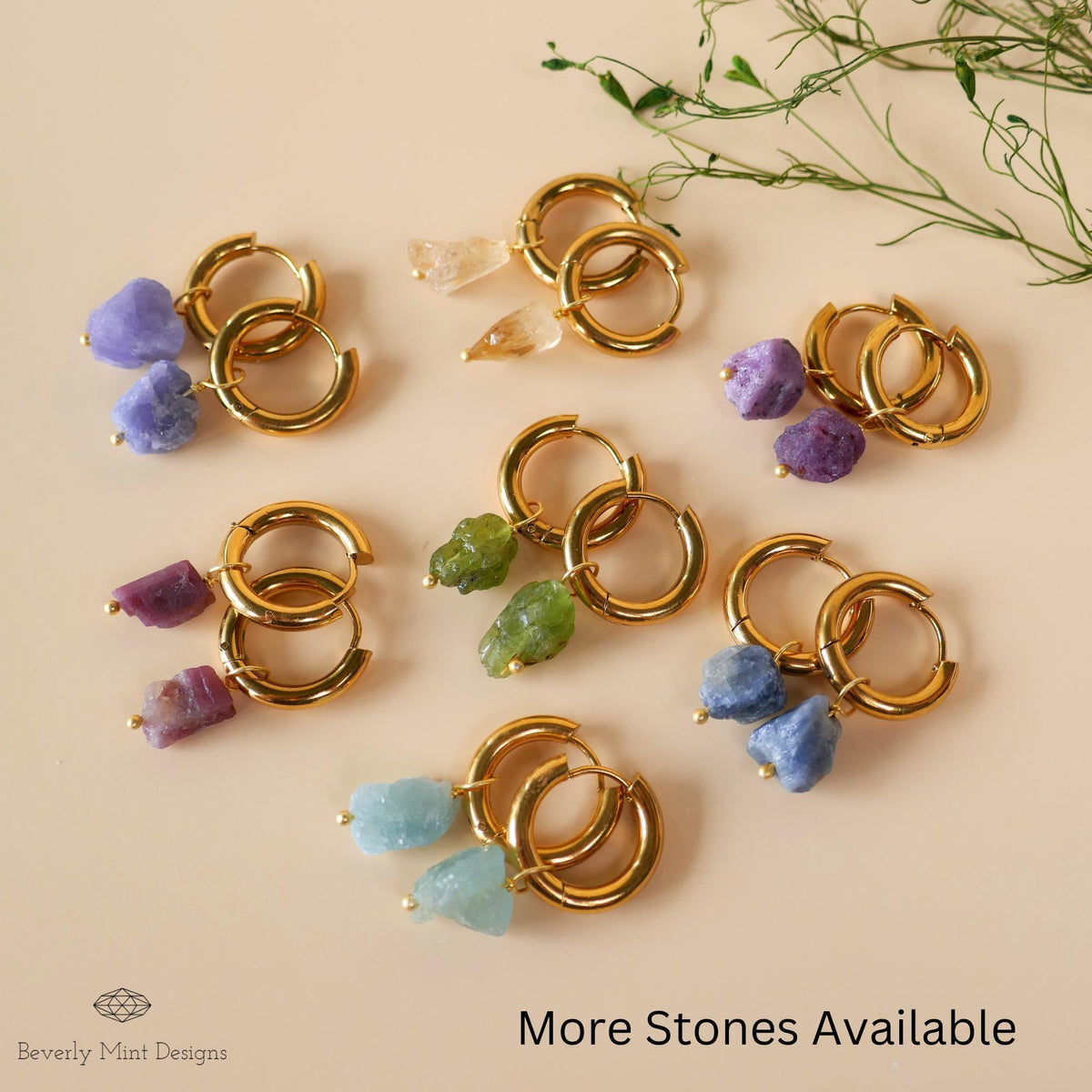 Raw Emerald Earrings, Green Raw Stone Earrings, 18K Gold Huggie Hoop Earrings with May Birthstone