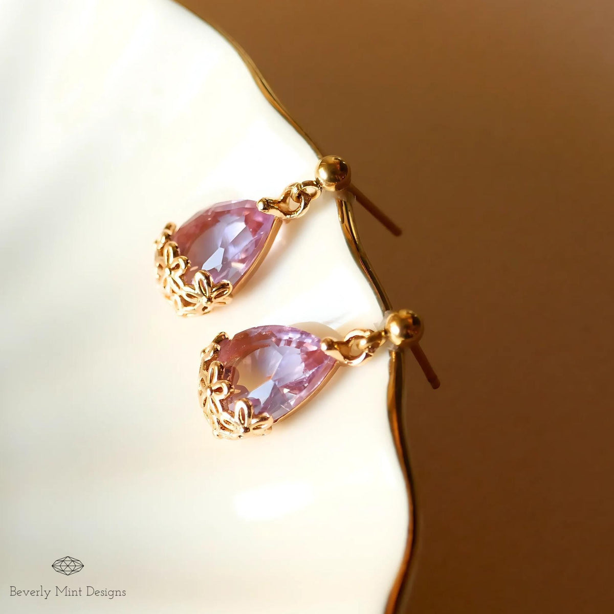 Gold Lavender Teardrop Earrings, Light Purple Floral Crystal Dangle, Minimalist Jewelry