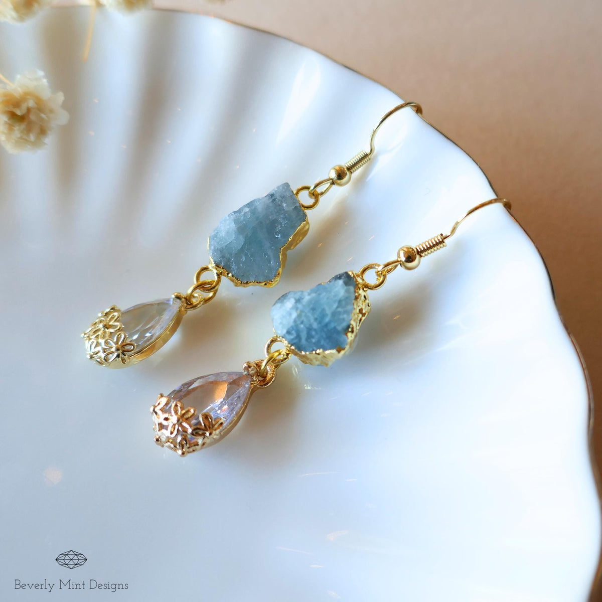 Raw Aquamarine Earrings, Blue Crystal Drop Earrings, Gold Dangle Earrings, March Birthstone Jewelry, Sensitive Ear & Clip-On Options