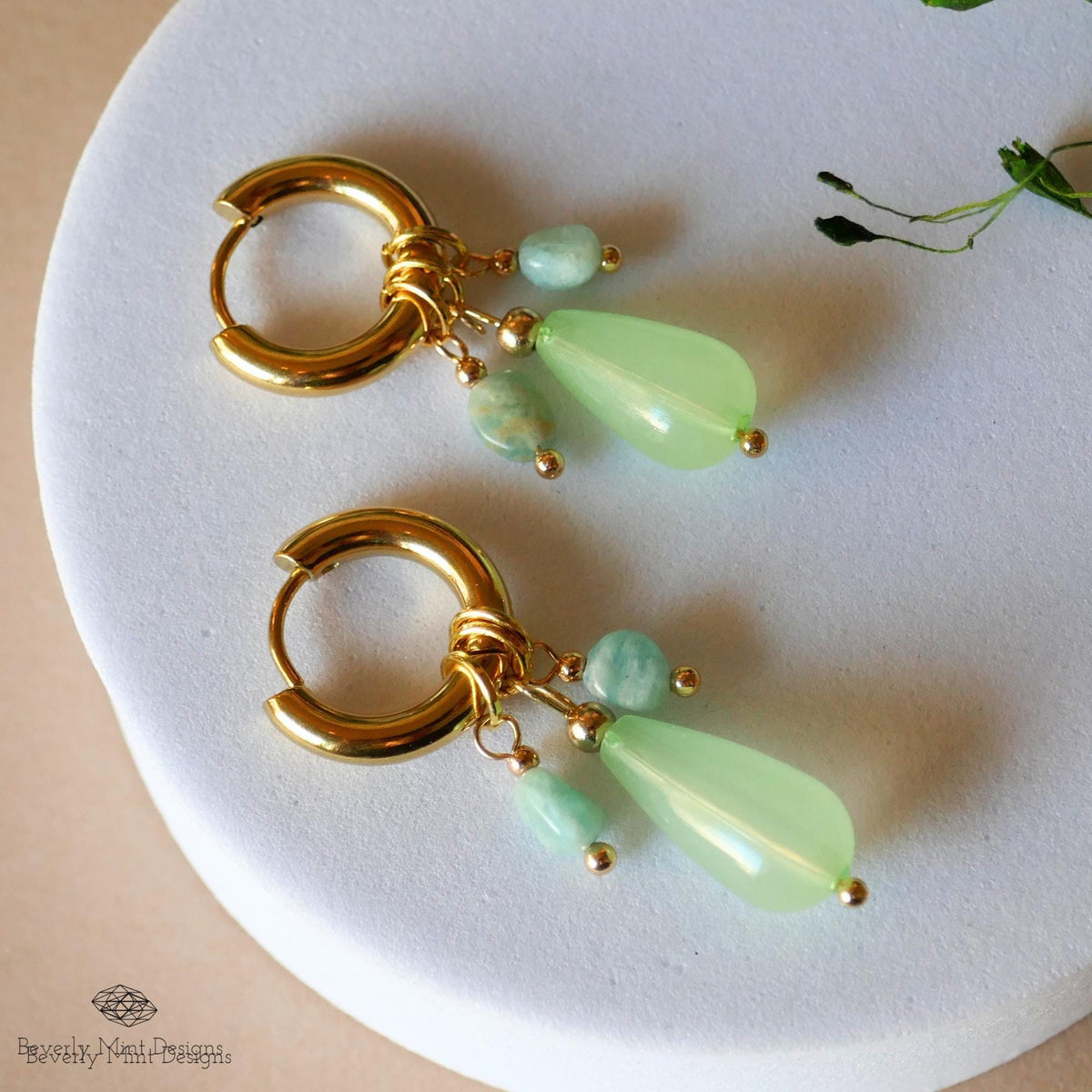18K Gold Hoop Earrings with Green Gemstone Drops, Handmade Dangle Earrings, Modern Minimalist Jewelry