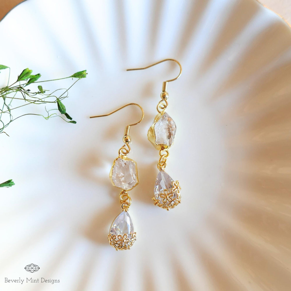 Herkimer Diamond Earrings, Gold Crystal Drop Earrings, Minimalist Bridal Jewelry, April Birthday Gift, Sensitive Ear & Clip-On Options