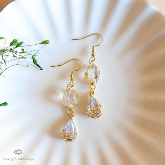 Herkimer Diamond Earrings, Gold Crystal Drop Earrings, Minimalist Bridal Jewelry, April Birthday Gift, Sensitive Ear & Clip-On Options