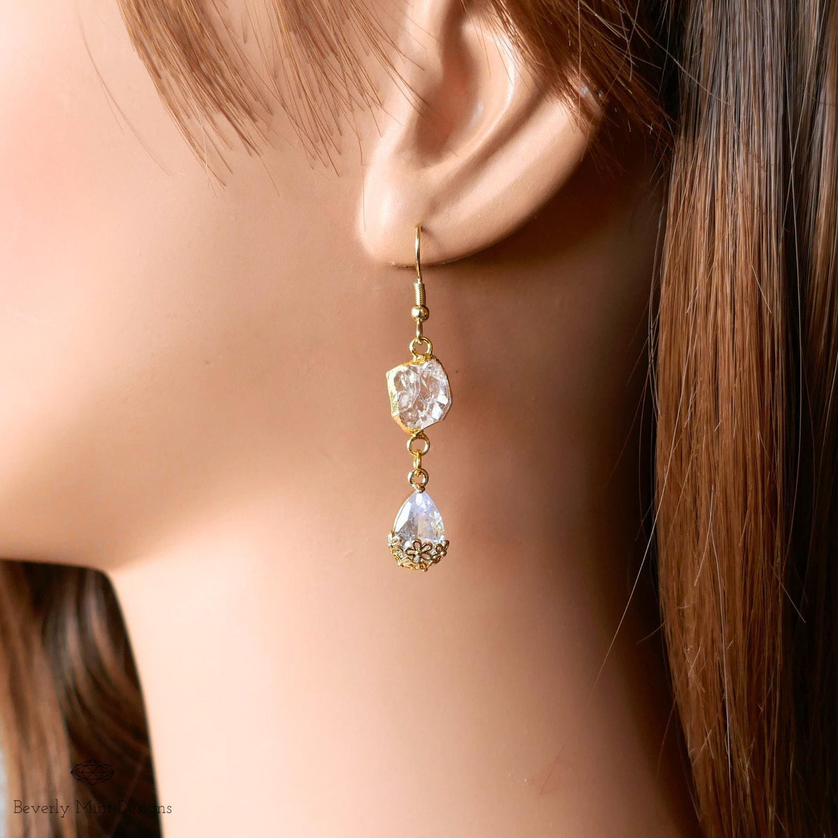 Herkimer Diamond Earrings, Gold Crystal Drop Earrings, Minimalist Bridal Jewelry, April Birthday Gift, Sensitive Ear & Clip-On Options