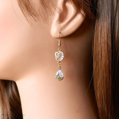 Herkimer Diamond Earrings, Gold Crystal Drop Earrings, Minimalist Bridal Jewelry, April Birthday Gift, Sensitive Ear & Clip-On Options