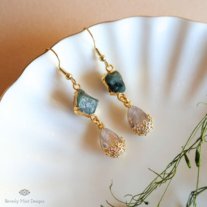 Raw Emerald Earrings, Green Drop Earrings, Gold Dangle Earrings, Natural Crystal Jewelry, Sensitive Ear & Clip-On Options