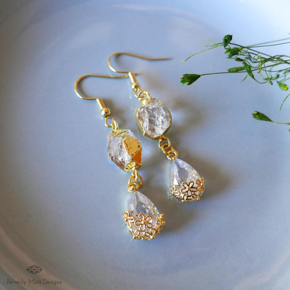 Herkimer Diamond Earrings, Gold Crystal Drop Earrings, Minimalist Bridal Jewelry, April Birthday Gift, Sensitive Ear & Clip-On Options