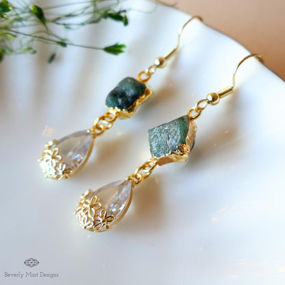 Raw Emerald Earrings, Green Drop Earrings, Gold Dangle Earrings, Natural Crystal Jewelry, Sensitive Ear & Clip-On Options