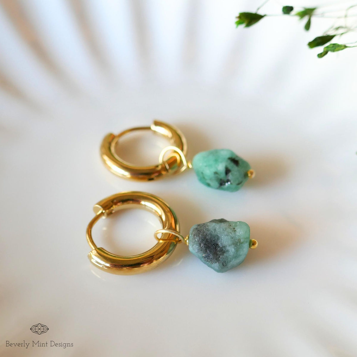 Raw Emerald Earrings, Green Raw Stone Earrings, 18K Gold Huggie Hoop Earrings with May Birthstone