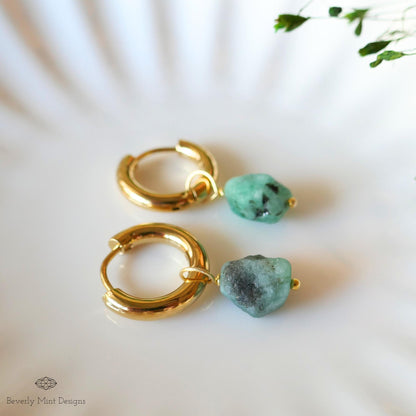 Raw Emerald Earrings, Green Raw Stone Earrings, 18K Gold Huggie Hoop Earrings with May Birthstone