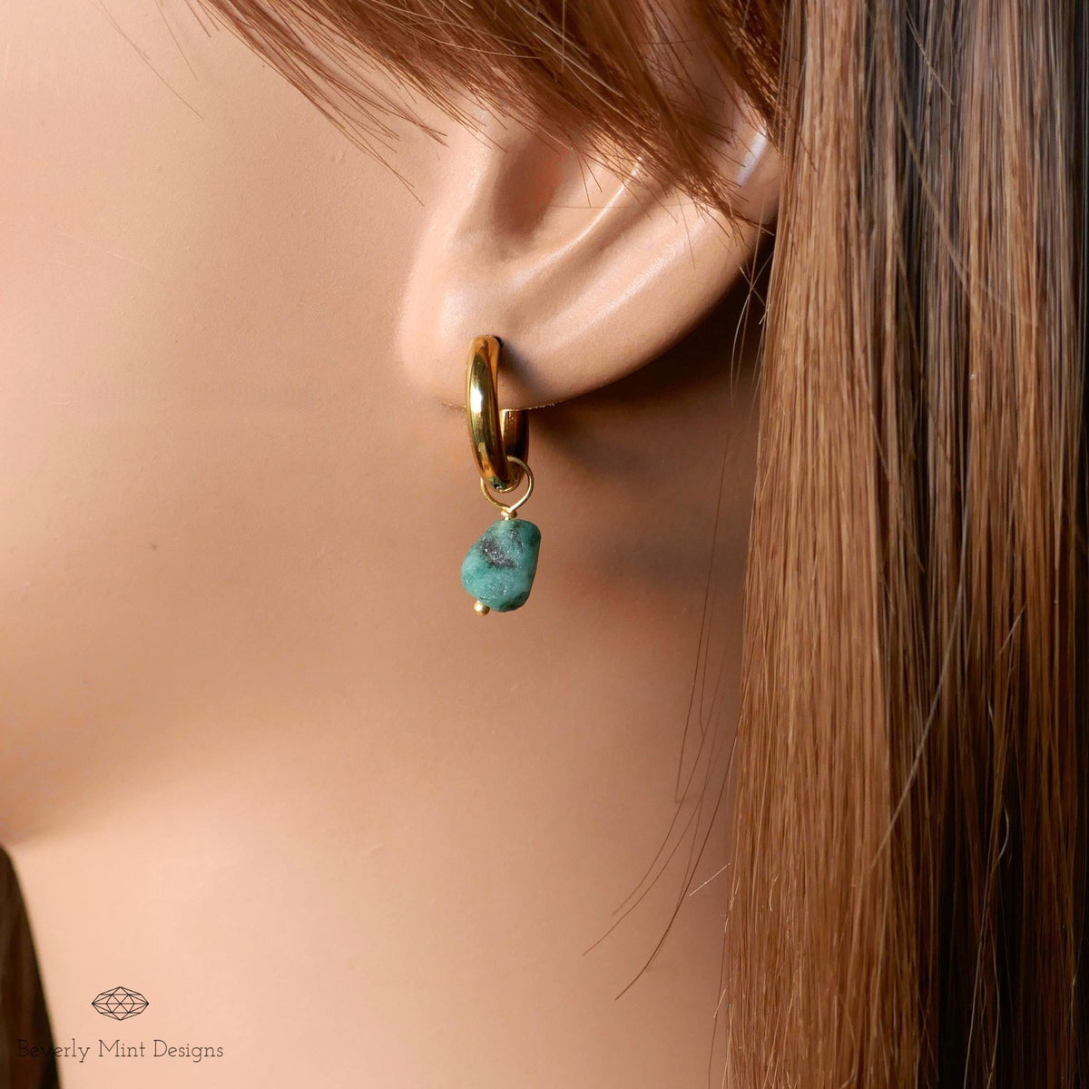 Raw Emerald Earrings, Green Raw Stone Earrings, 18K Gold Huggie Hoop Earrings with May Birthstone