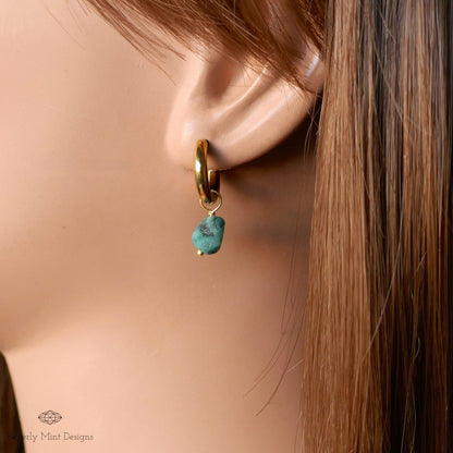 Raw Emerald Earrings, Green Raw Stone Earrings, 18K Gold Huggie Hoop Earrings with May Birthstone