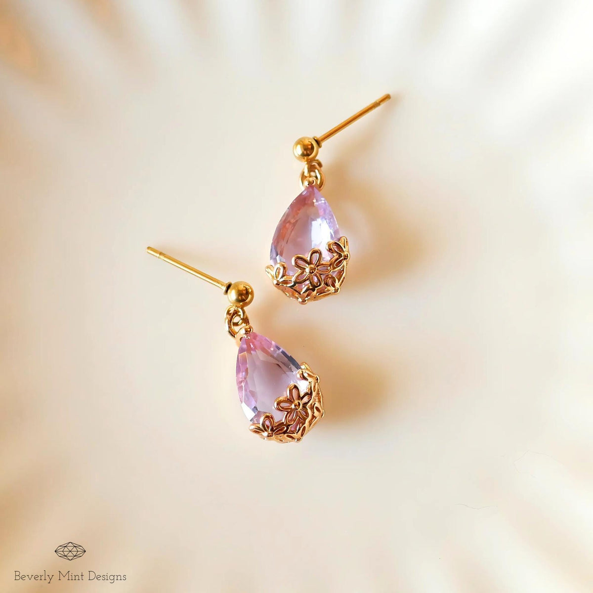 Gold Lavender Teardrop Earrings, Light Purple Floral Crystal Dangle, Minimalist Jewelry