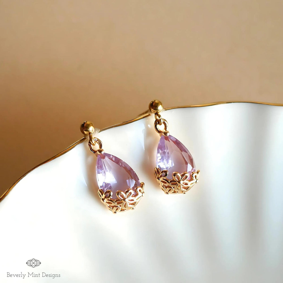 Gold Lavender Teardrop Earrings, Light Purple Floral Crystal Dangle, Minimalist Jewelry