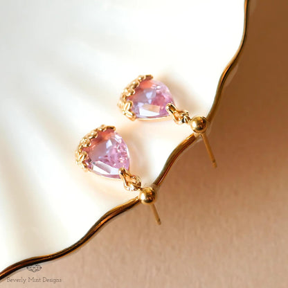 Gold Lavender Teardrop Earrings, Light Purple Floral Crystal Dangle, Minimalist Jewelry