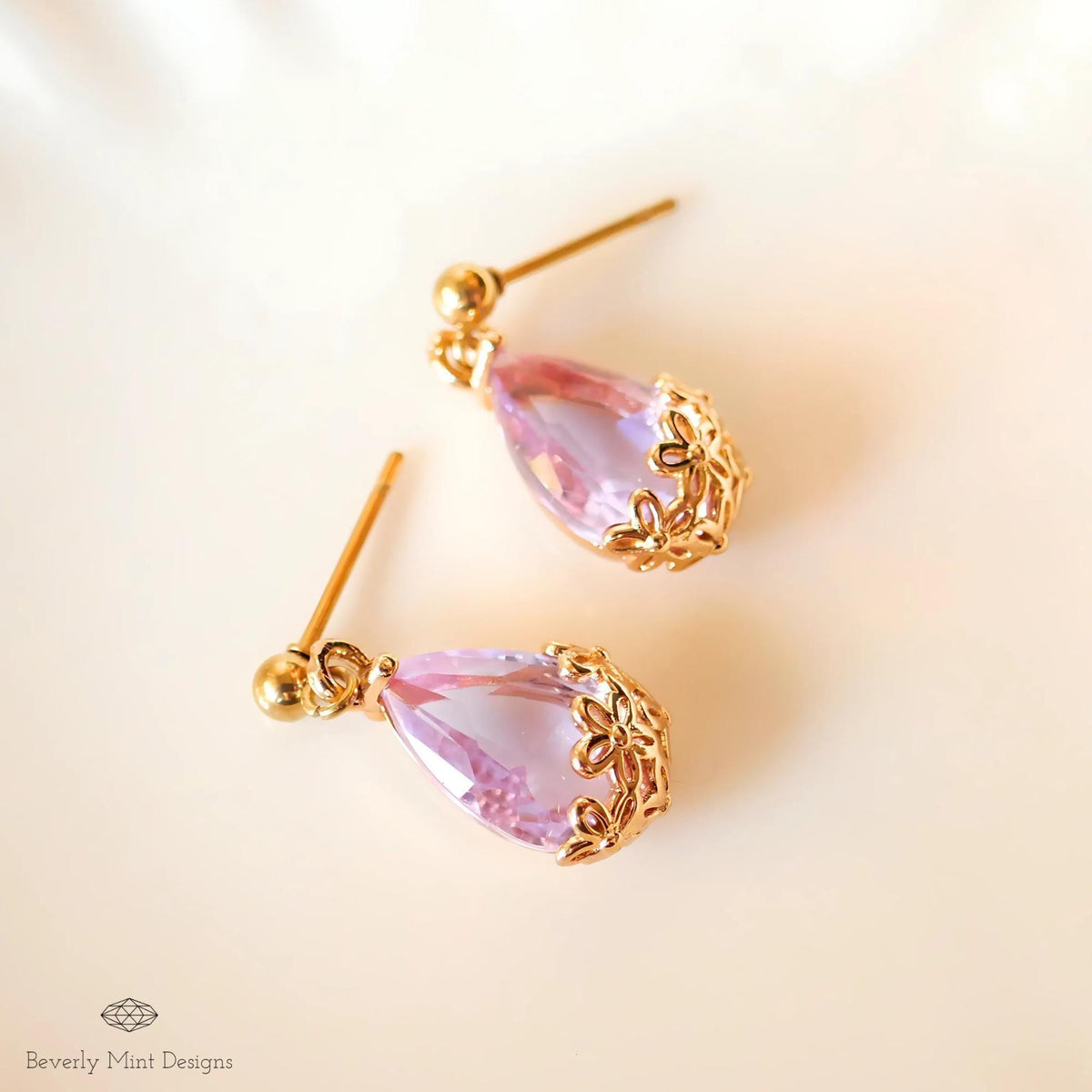 Gold Lavender Teardrop Earrings, Light Purple Floral Crystal Dangle, Minimalist Jewelry