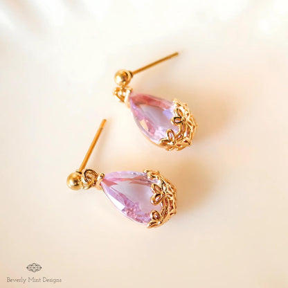 Gold Lavender Teardrop Earrings, Light Purple Floral Crystal Dangle, Minimalist Jewelry