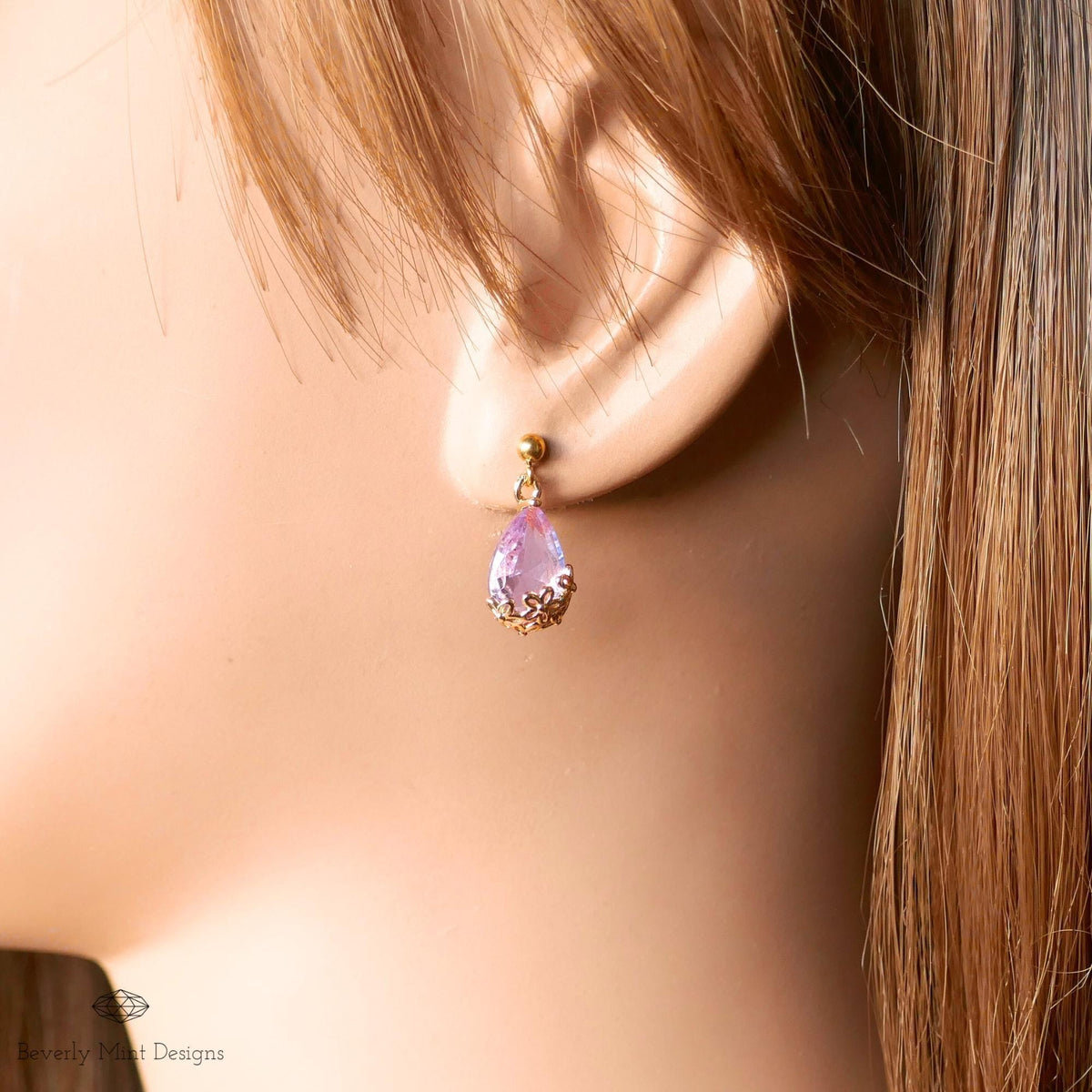 Gold Lavender Teardrop Earrings, Light Purple Floral Crystal Dangle, Minimalist Jewelry