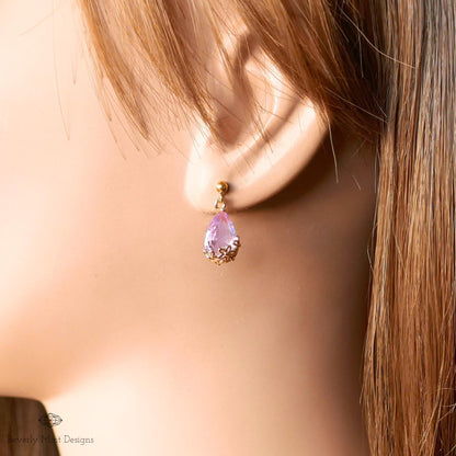 Gold Lavender Teardrop Earrings, Light Purple Floral Crystal Dangle, Minimalist Jewelry