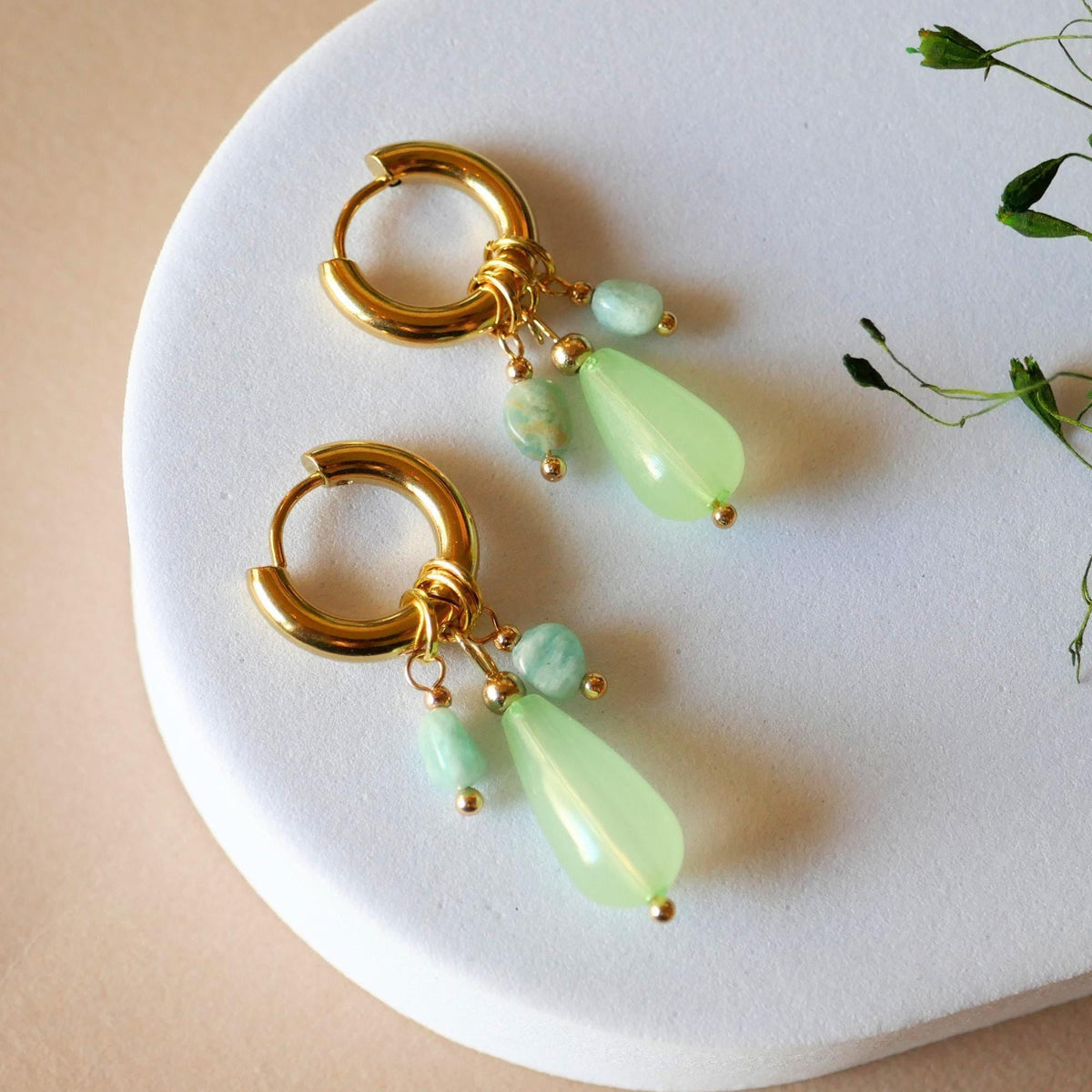 18K Gold Hoop Earrings with Green Gemstone Drops, Handmade Dangle Earrings, Modern Minimalist Jewelry