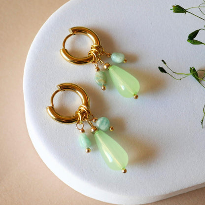18K Gold Hoop Earrings with Green Gemstone Drops, Handmade Dangle Earrings, Modern Minimalist Jewelry