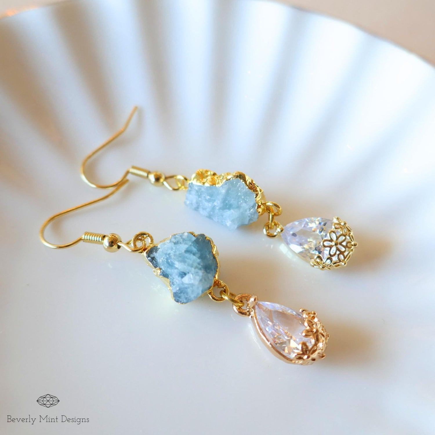 Raw Aquamarine Earrings, Blue Crystal Drop Earrings, Gold Dangle Earrings, March Birthstone Jewelry, Sensitive Ear & Clip-On Options