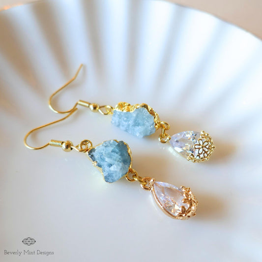 Raw Aquamarine Earrings, Blue Crystal Drop Earrings, Gold Dangle Earrings, March Birthstone Jewelry, Sensitive Ear & Clip-On Options