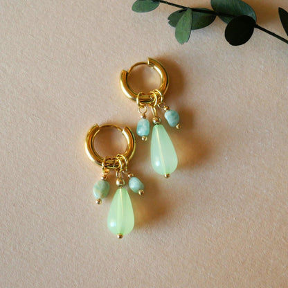 18K Gold Hoop Earrings with Green Gemstone Drops, Handmade Dangle Earrings, Modern Minimalist Jewelry