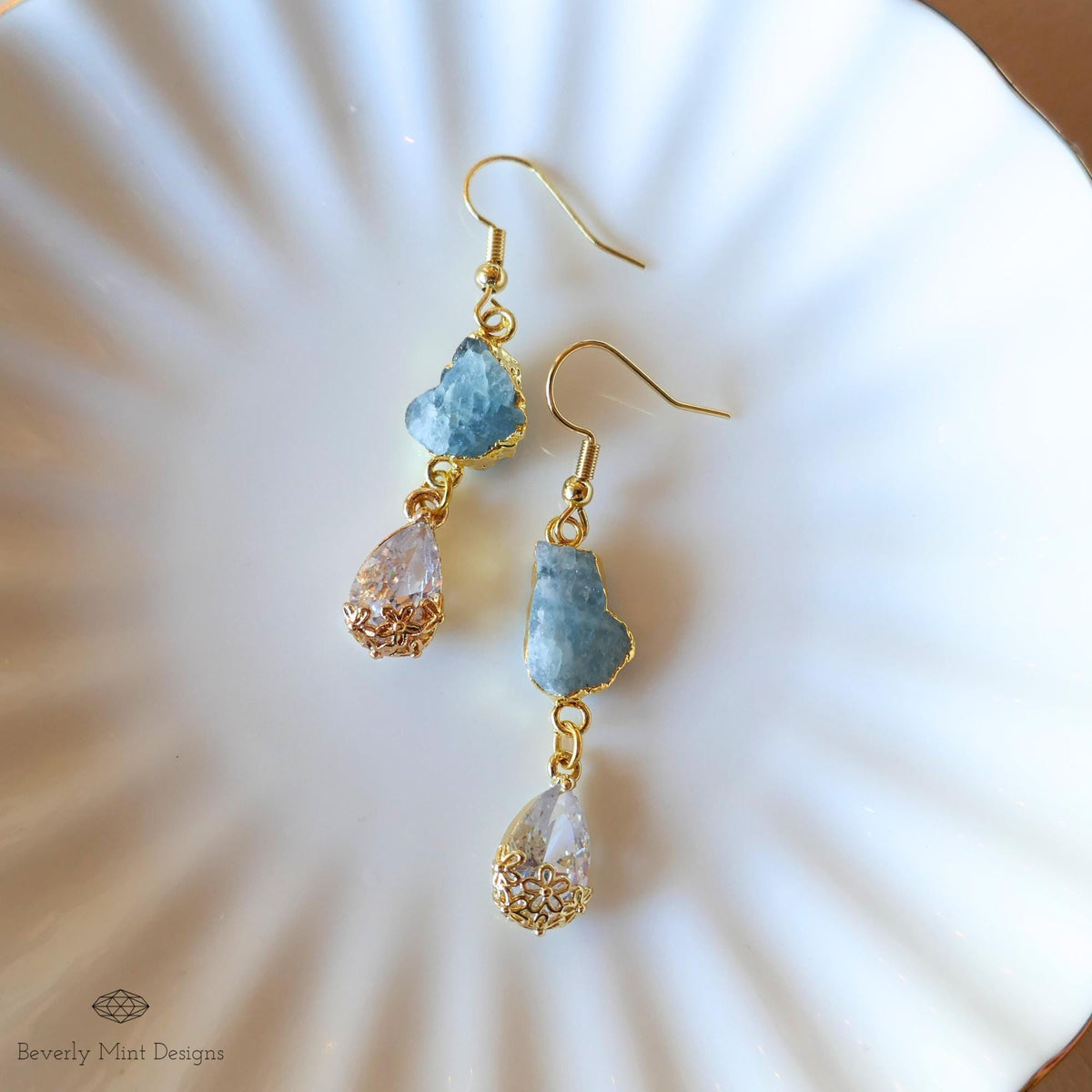 Raw Aquamarine Earrings, Blue Crystal Drop Earrings, Gold Dangle Earrings, March Birthstone Jewelry, Sensitive Ear & Clip-On Options
