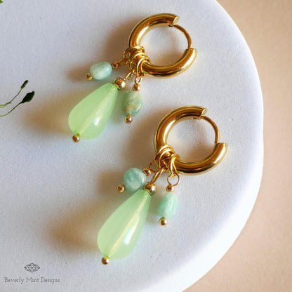 18K Gold Hoop Earrings with Green Gemstone Drops, Handmade Dangle Earrings, Modern Minimalist Jewelry