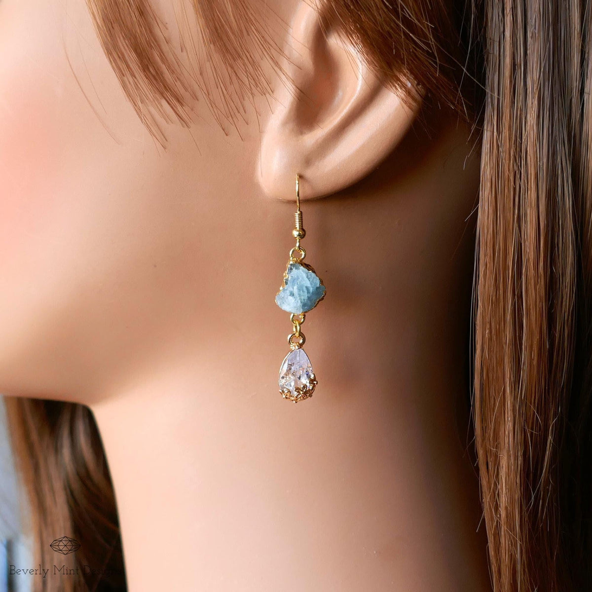 Raw Aquamarine Earrings, Blue Crystal Drop Earrings, Gold Dangle Earrings, March Birthstone Jewelry, Sensitive Ear & Clip-On Options