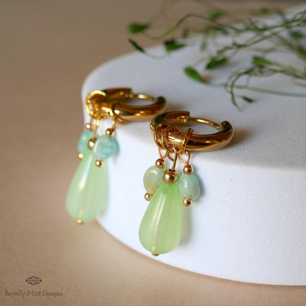 18K Gold Hoop Earrings with Green Gemstone Drops, Handmade Dangle Earrings, Modern Minimalist Jewelry