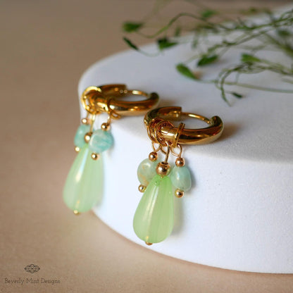 18K Gold Hoop Earrings with Green Gemstone Drops, Handmade Dangle Earrings, Modern Minimalist Jewelry
