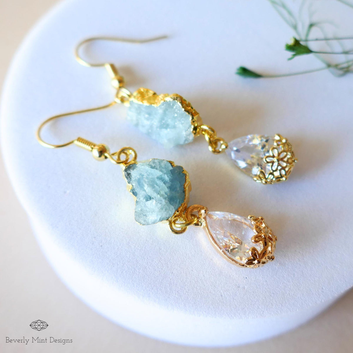 Raw Aquamarine Earrings, Blue Crystal Drop Earrings, Gold Dangle Earrings, March Birthstone Jewelry, Sensitive Ear & Clip-On Options