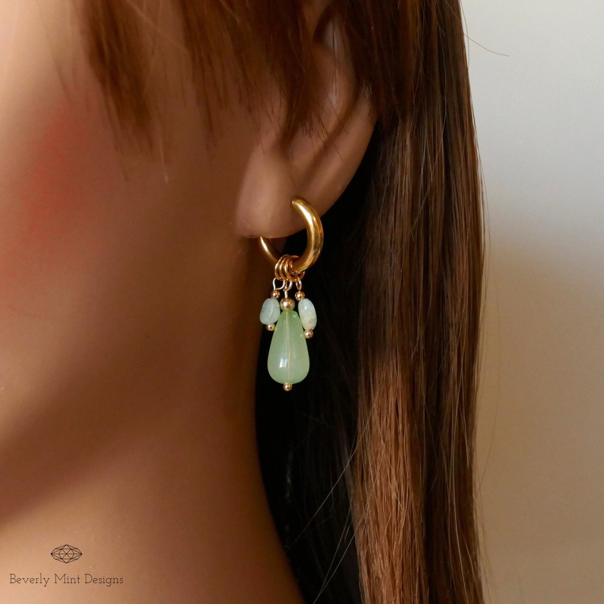 18K Gold Hoop Earrings with Green Gemstone Drops, Handmade Dangle Earrings, Modern Minimalist Jewelry
