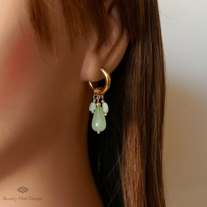18K Gold Hoop Earrings with Green Gemstone Drops, Handmade Dangle Earrings, Modern Minimalist Jewelry