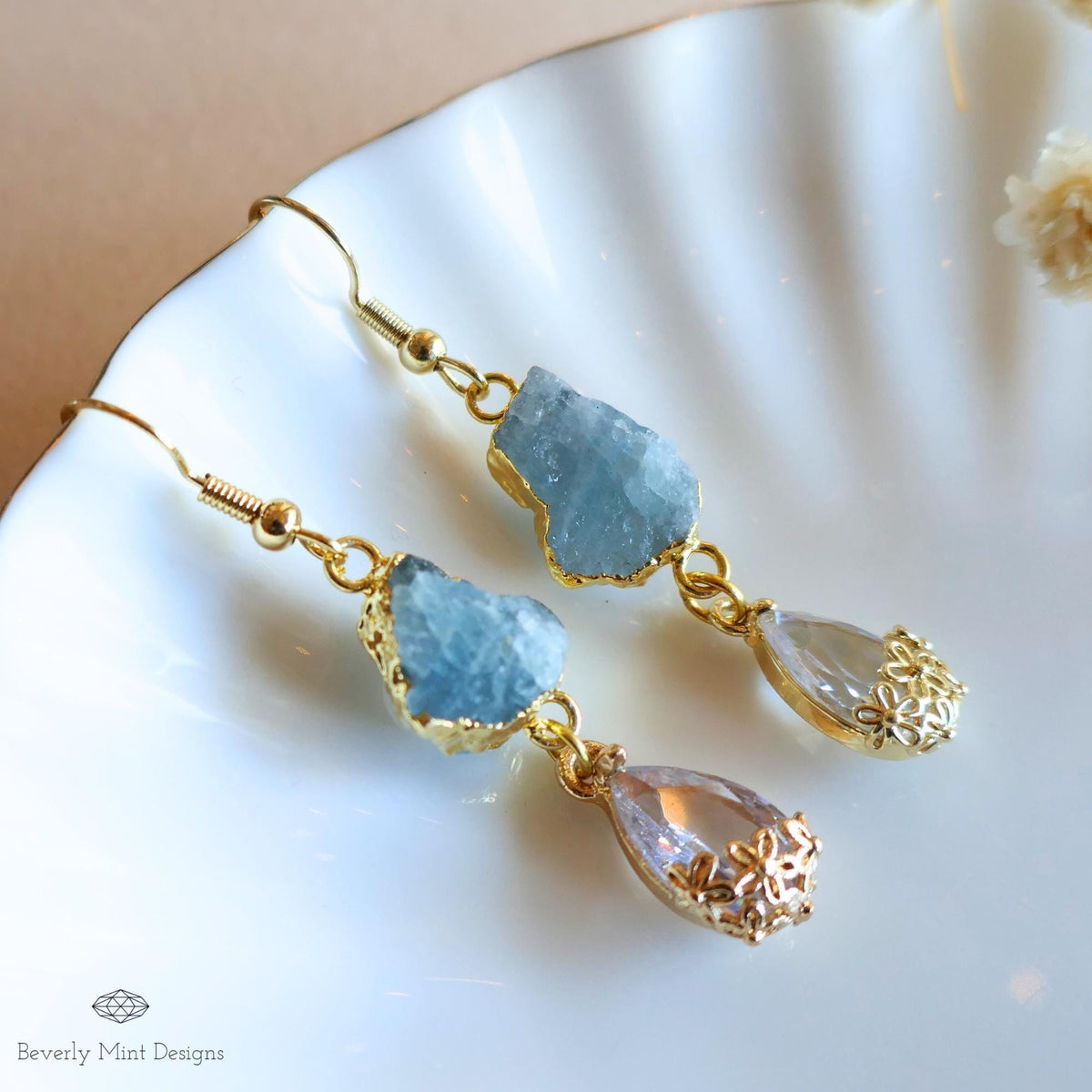 Raw Aquamarine Earrings, Blue Crystal Drop Earrings, Gold Dangle Earrings, March Birthstone Jewelry, Sensitive Ear & Clip-On Options