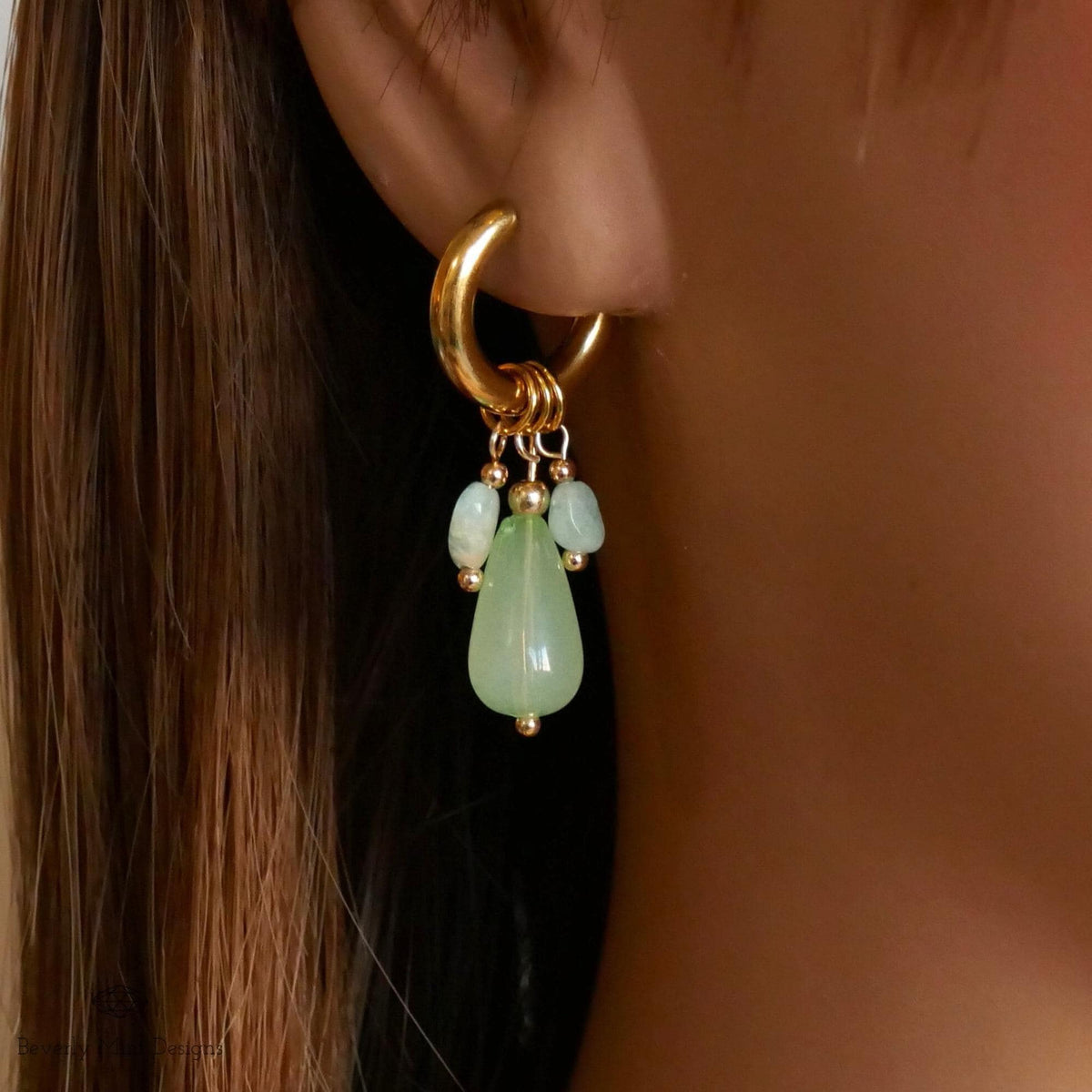 18K Gold Hoop Earrings with Green Gemstone Drops, Handmade Dangle Earrings, Modern Minimalist Jewelry