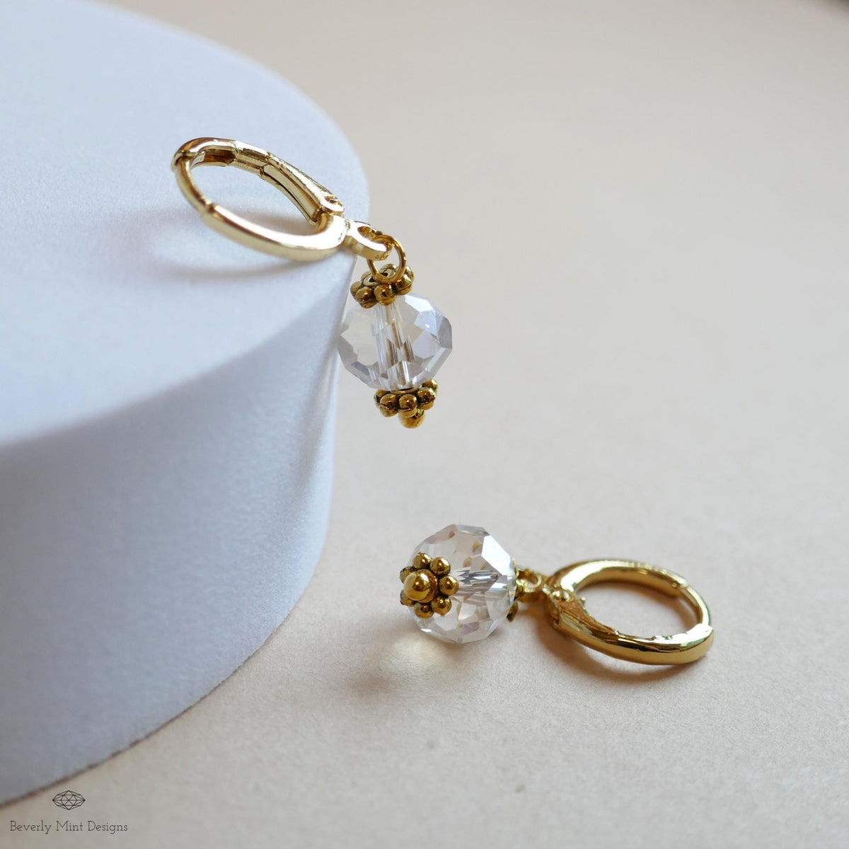 Crystal Drop Hoop Earrings, Light Weight Gold Plated Huggie Earrings, Clear Sparkly Earrings, Bead Hoops, Sensitive Ear & Clip-On Options