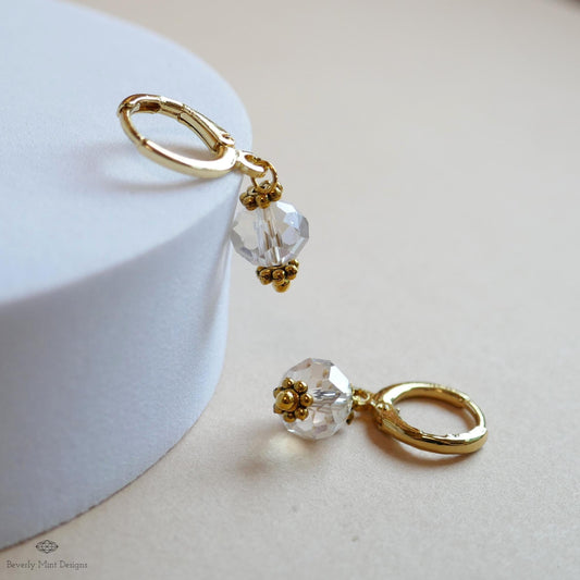 Crystal Drop Hoop Earrings, Light Weight Gold Plated Huggie Earrings, Clear Sparkly Earrings, Bead Hoops, Sensitive Ear & Clip-On Options