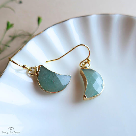 Green Aventurine Moon Earrings, Green Crescent Moon Earrings, Gold Gemstone Drop Earrings, Sensitive Ear & Clip-On Options