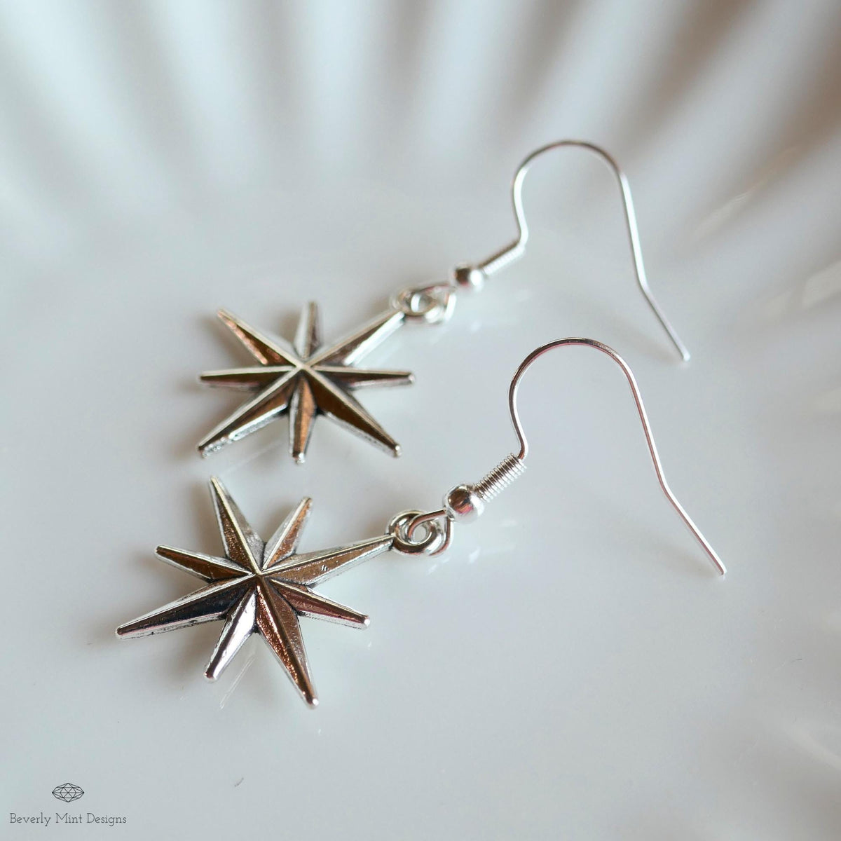 Silver Star Hoop Earrings, North Star Dangle Hoops, Celestial Jewelry for Women, Minimalist Star Earrings, Sensitive Ear & Clip-On Options