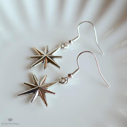Silver Star Hoop Earrings, North Star Dangle Hoops, Celestial Jewelry for Women, Minimalist Star Earrings, Sensitive Ear & Clip-On Options
