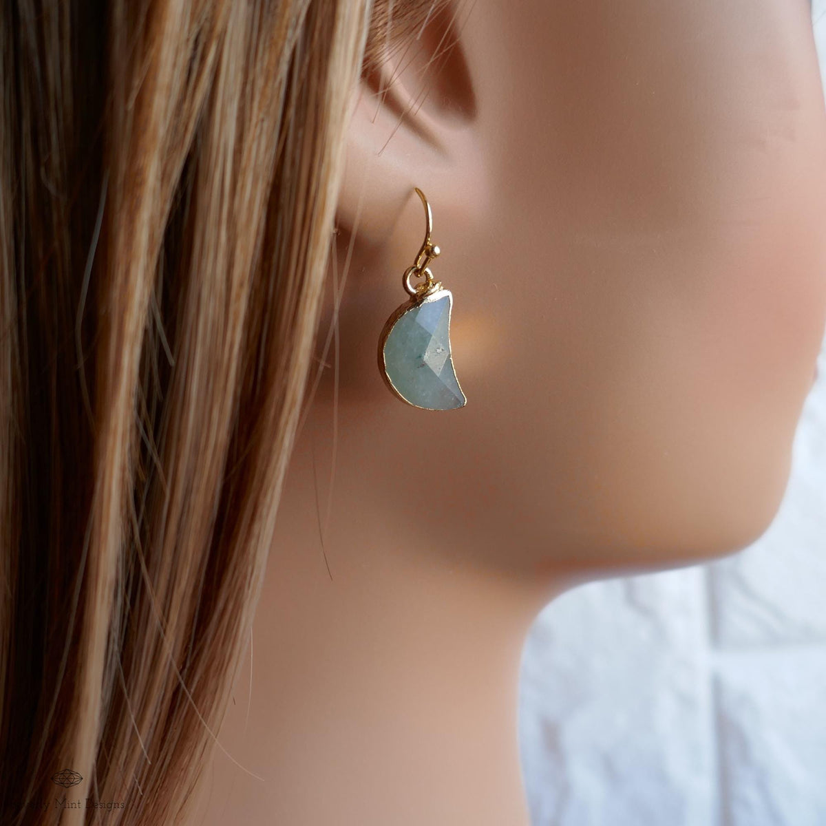 Green Aventurine Moon Earrings, Green Crescent Moon Earrings, Gold Gemstone Drop Earrings, Sensitive Ear & Clip-On Options
