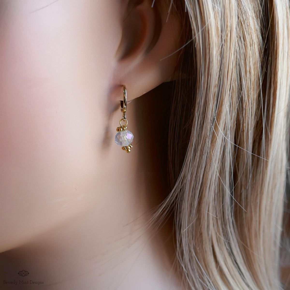 Crystal Drop Hoop Earrings, Light Weight Gold Plated Huggie Earrings, Clear Sparkly Earrings, Bead Hoops, Sensitive Ear & Clip-On Options