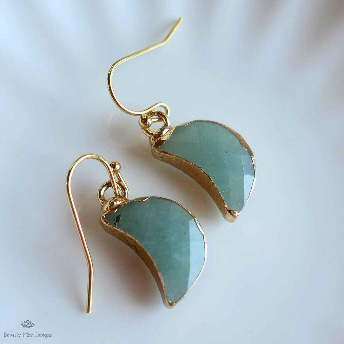 Green Aventurine Moon Earrings, Green Crescent Moon Earrings, Gold Gemstone Drop Earrings, Sensitive Ear & Clip-On Options
