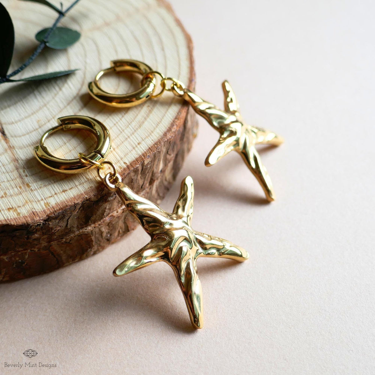 Sculptural Starfish Earrings with Gold Chunky Hoop Earrings, Ocean Inspired Earrings , Artistic Coastal Statement Jewelry