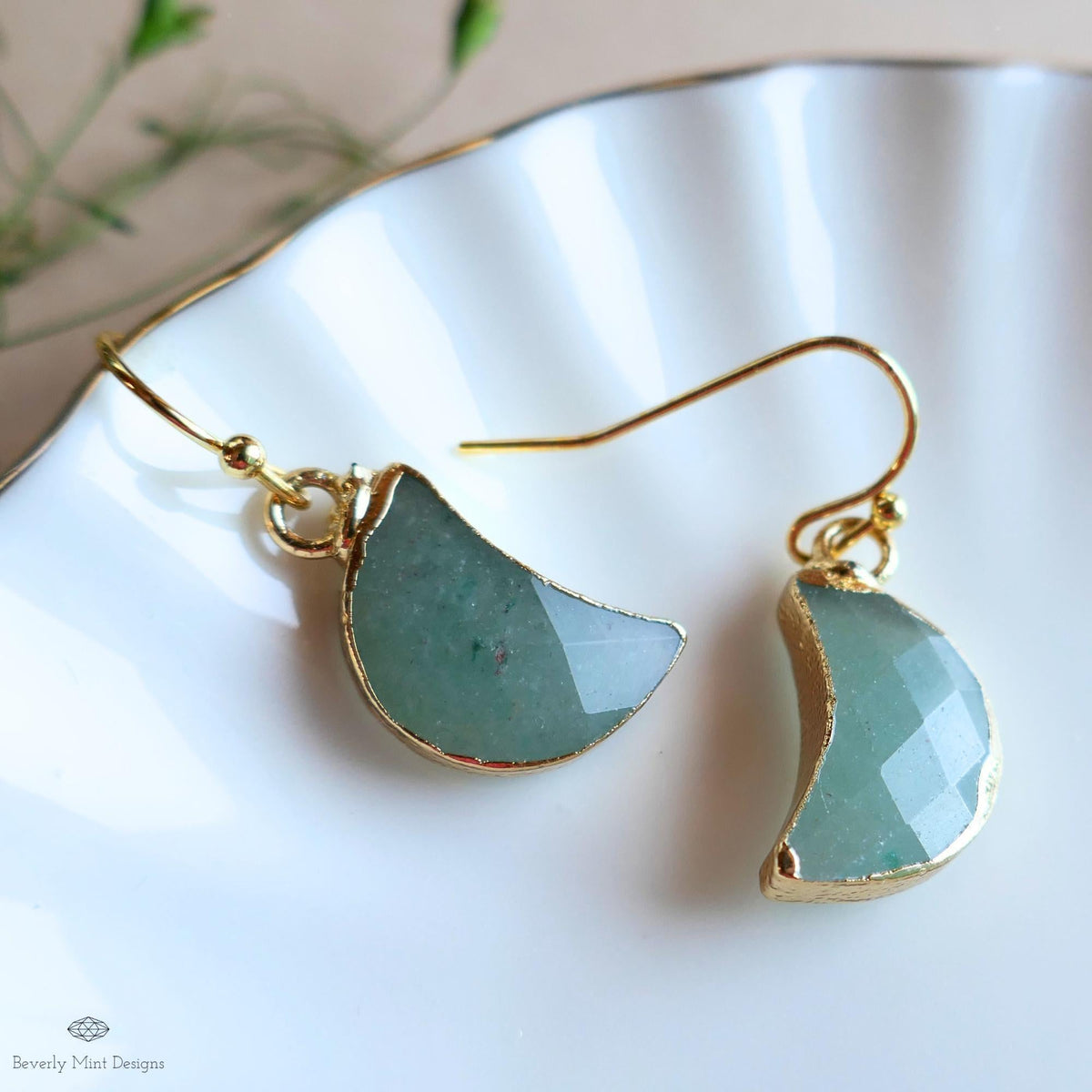 Green Aventurine Moon Earrings, Green Crescent Moon Earrings, Gold Gemstone Drop Earrings, Sensitive Ear & Clip-On Options